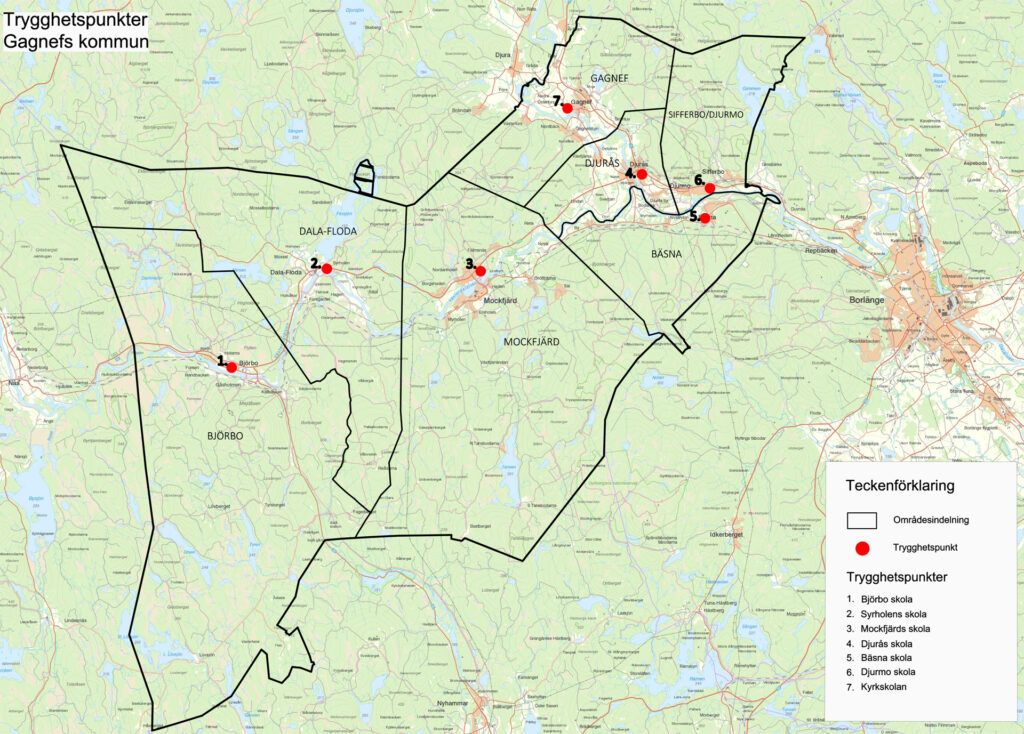Karta över Gagnefs kommuns Trygghetspunkter.
